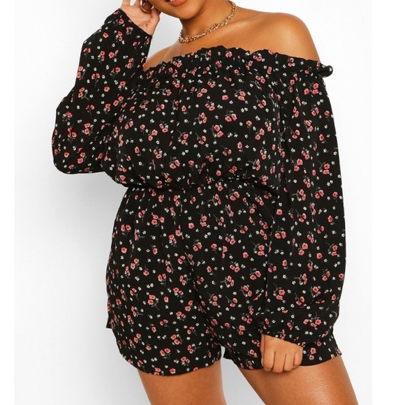 Boohoo Plus Pants - Plus Size Floral Bardot Romper